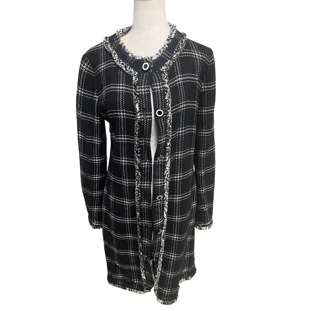 Worth Longline Knit Cardigan Jacket Womens Plaid Tweed Style Black Coquette